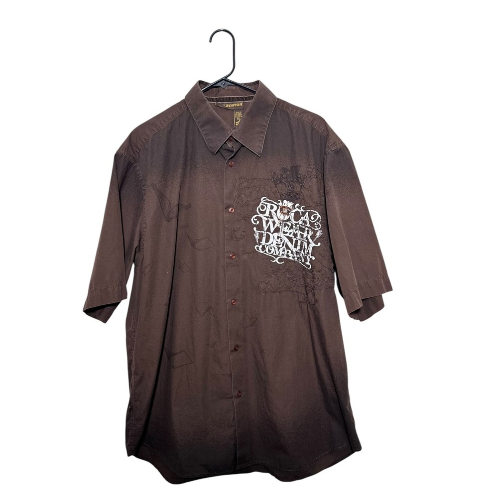 Rocawear Y2K Hip Hop VTG Streetwear Brown Graphic Button Down Shirt Mens Size XL